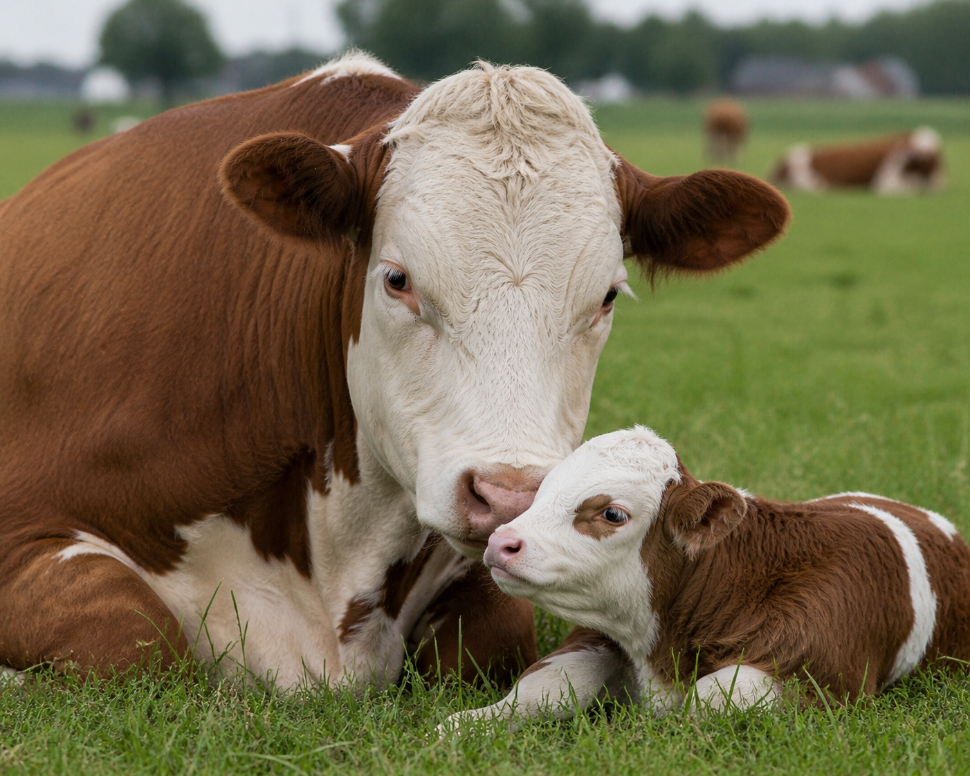 Koe met haar kalf in het gras