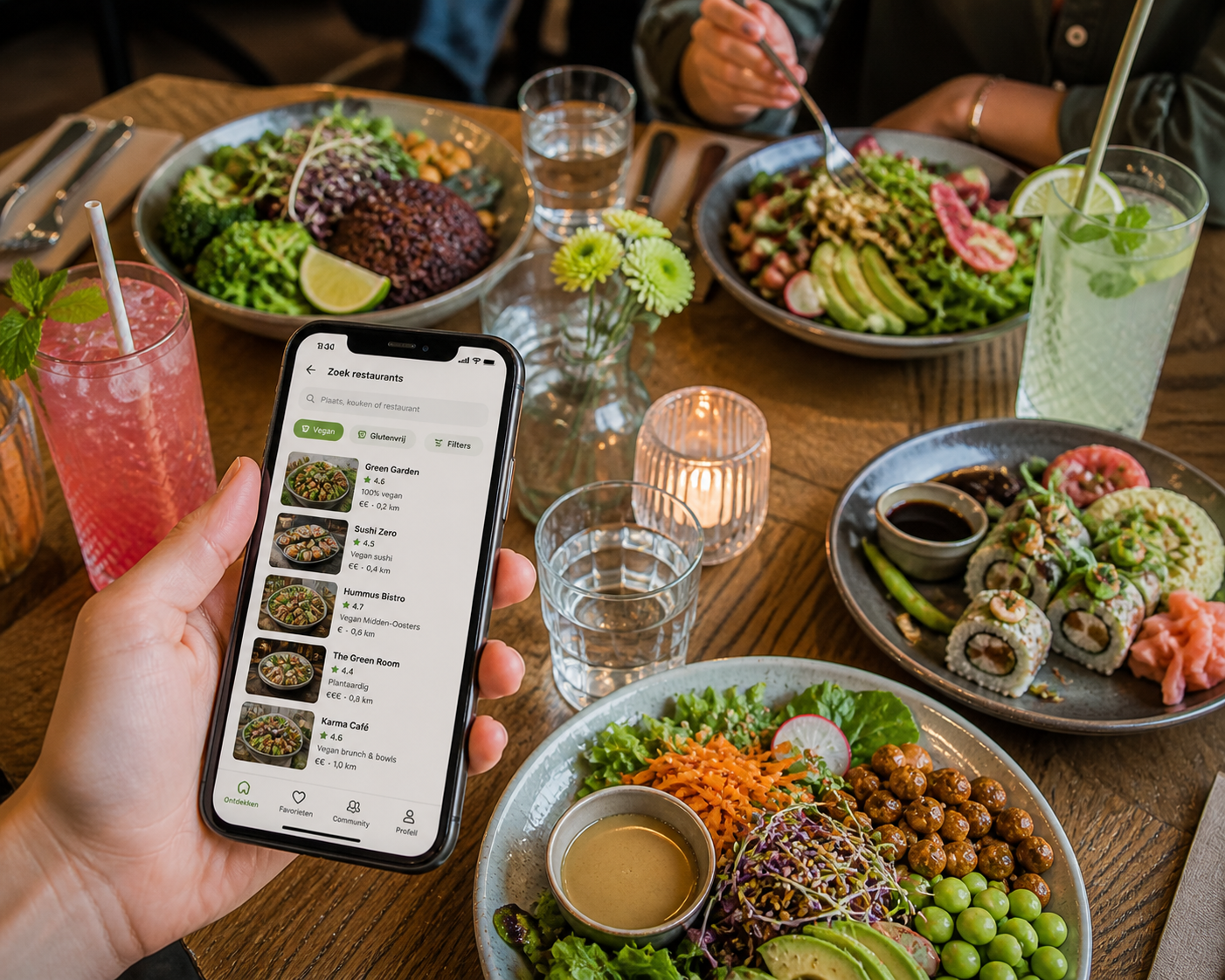Restauranttafel met plantaardige gerechten