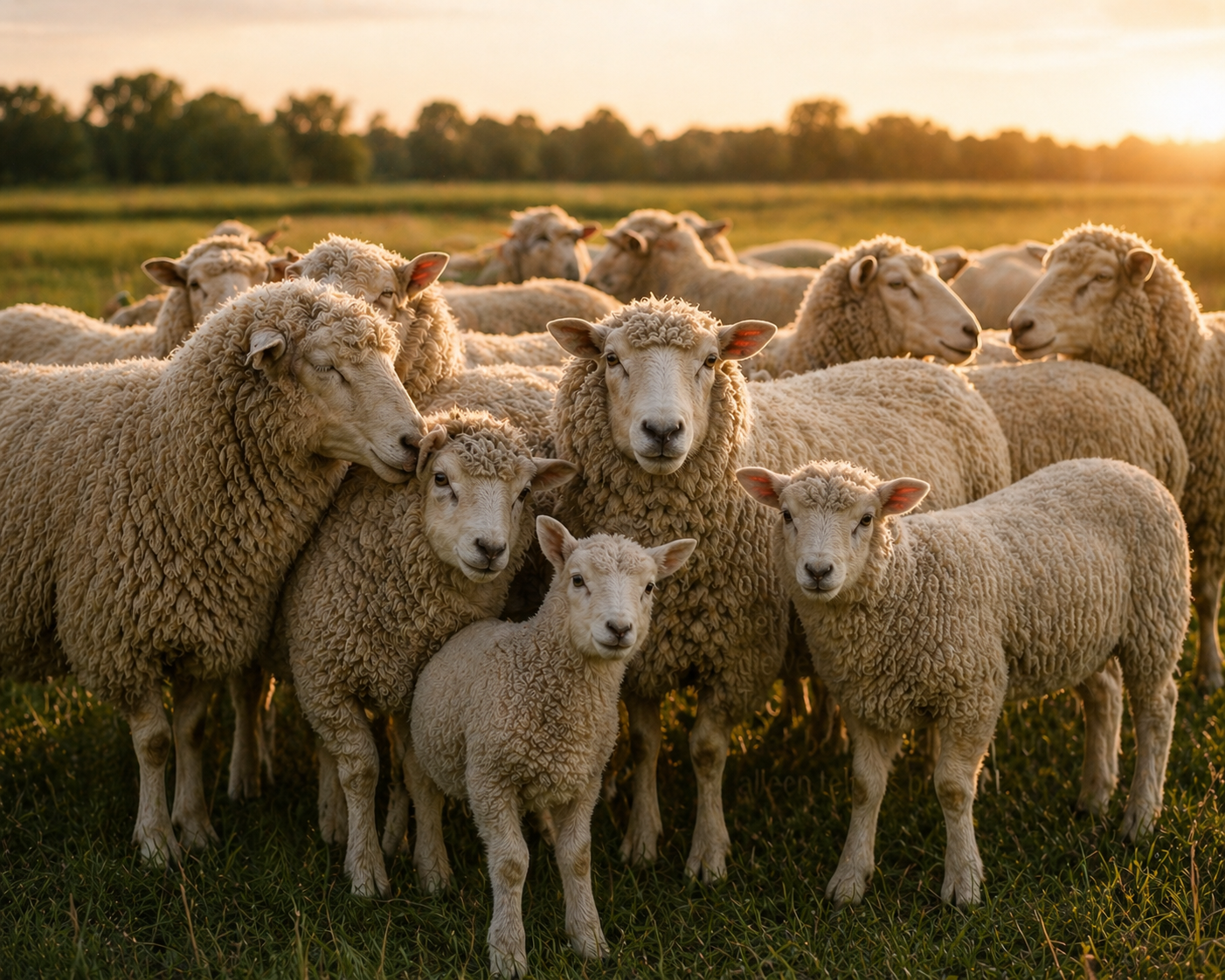 Kudde schapen bij elkaar in een weiland