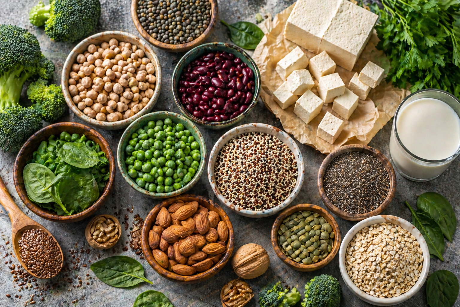 Gezonde plantaardige voeding met groenten, fruit, peulvruchten en noten