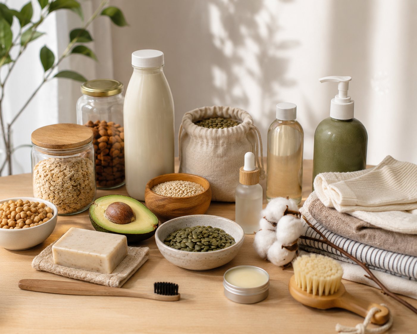 Verschillende plantaardige producten en keuzes op tafel