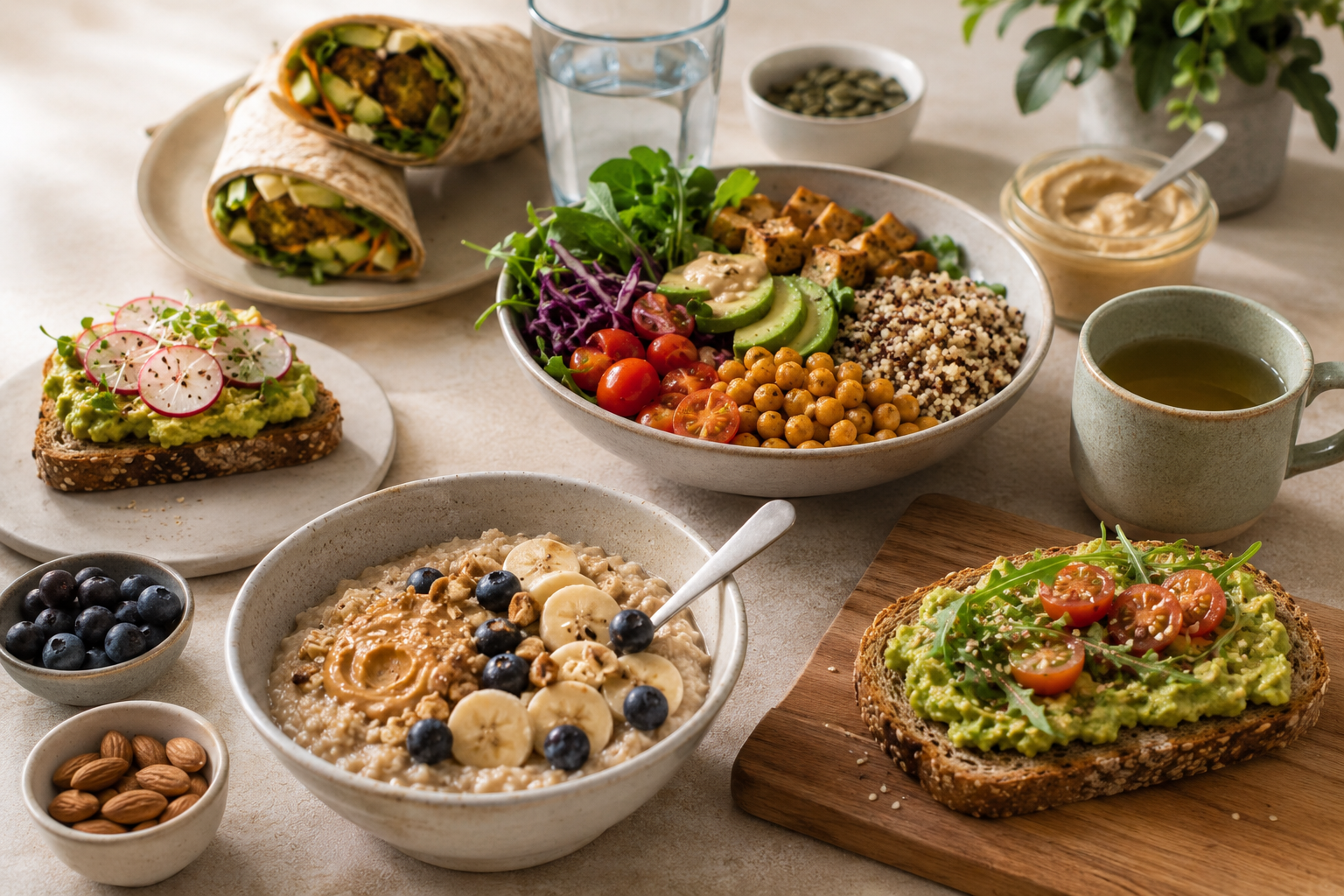Plantaardig ontbijt en lunch met brood, fruit en havermout