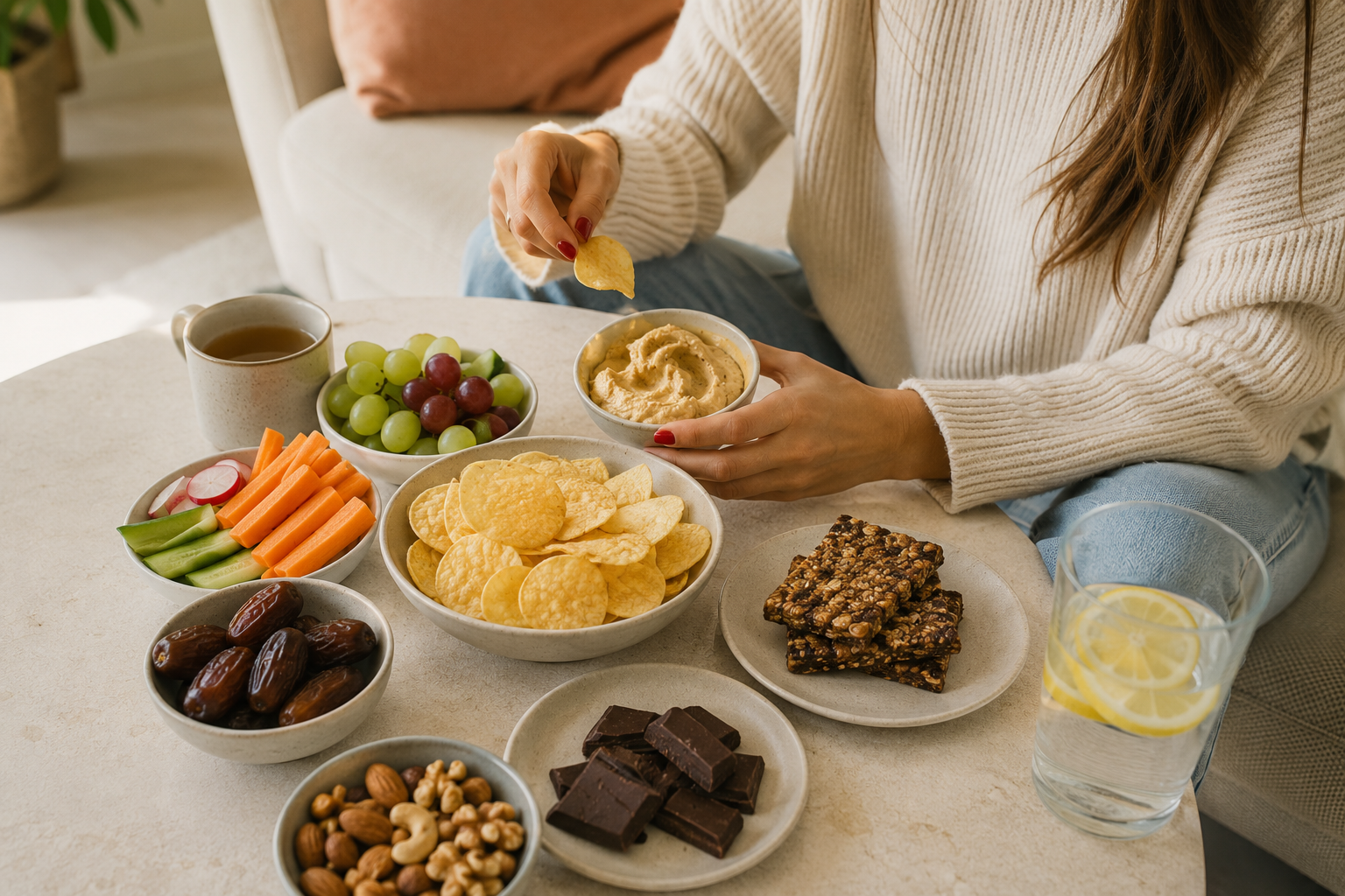 Plantaardige snacks en tussendoortjes op tafel