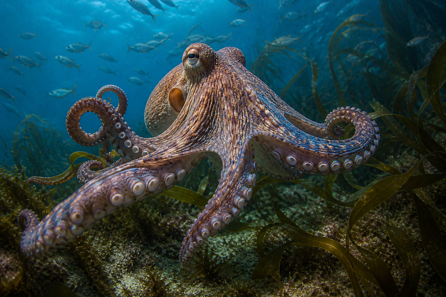 Octopus tussen koraal en rotsen